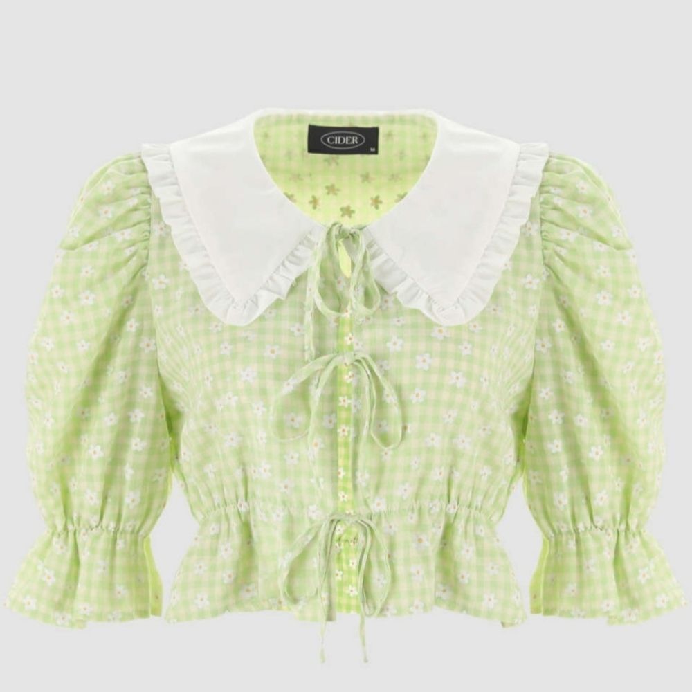NEW Cider green puff sleeve tea party daisy crop top with tie‎ front M